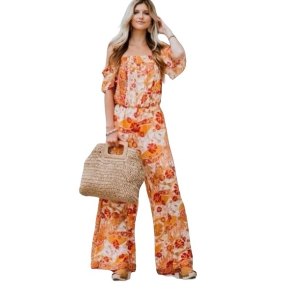 Free People Carmen Printed Off The Shoulder Wide Leg Jumpsuit Women’s Small - Picture 4 of 15